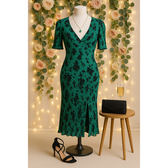 Caroll Paris Green Crinkle Floral Midi Dress Size 38 (US 6) Viscose Lined - Picture 2 of 12